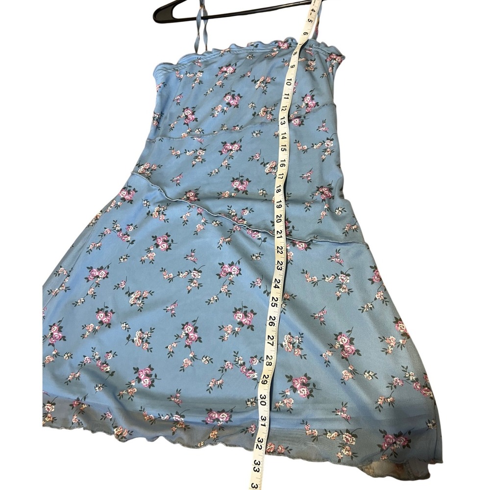 Boho Cottagecore Blue Floral Mesh Mini Dress Asymmetrical Lettuce Hem Y2K Style - Picture 4 of 7